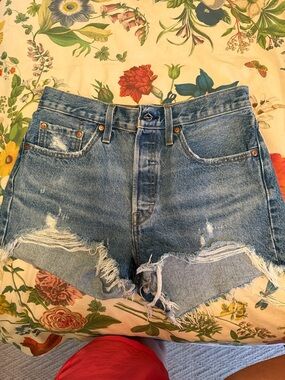 Levi's Medium Blue Distressed High-Rise Cutoff Shorts